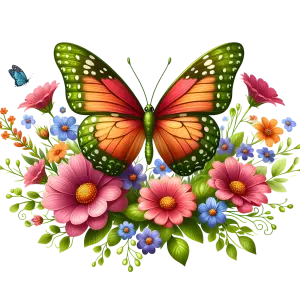 Green and Orange Butterfly on Colorful Floral Bouquet