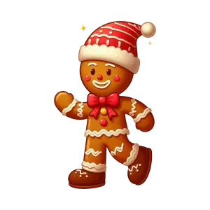 Cheerful Gingerbread Man in Santa Hat with Red Bow