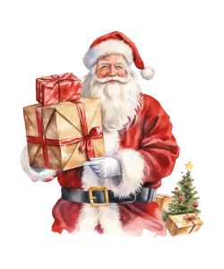Santa Claus Holding Christmas Gifts with Small Christmas Tree