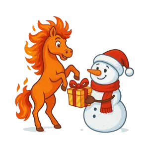 Cartoon Snowman Giving Gift to Fire Horse