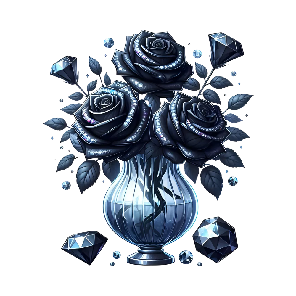 Black Roses with Diamond Accents in Glass Vase
