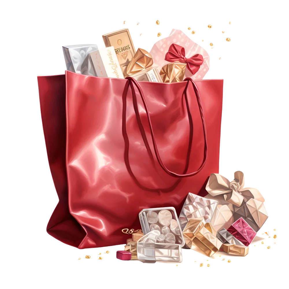 Red Shopping Bag Filled with Gift Boxes and Chocolates