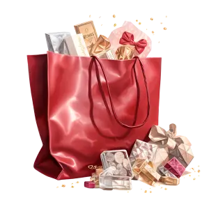 Red Shopping Bag Filled with Gift Boxes and Chocolates