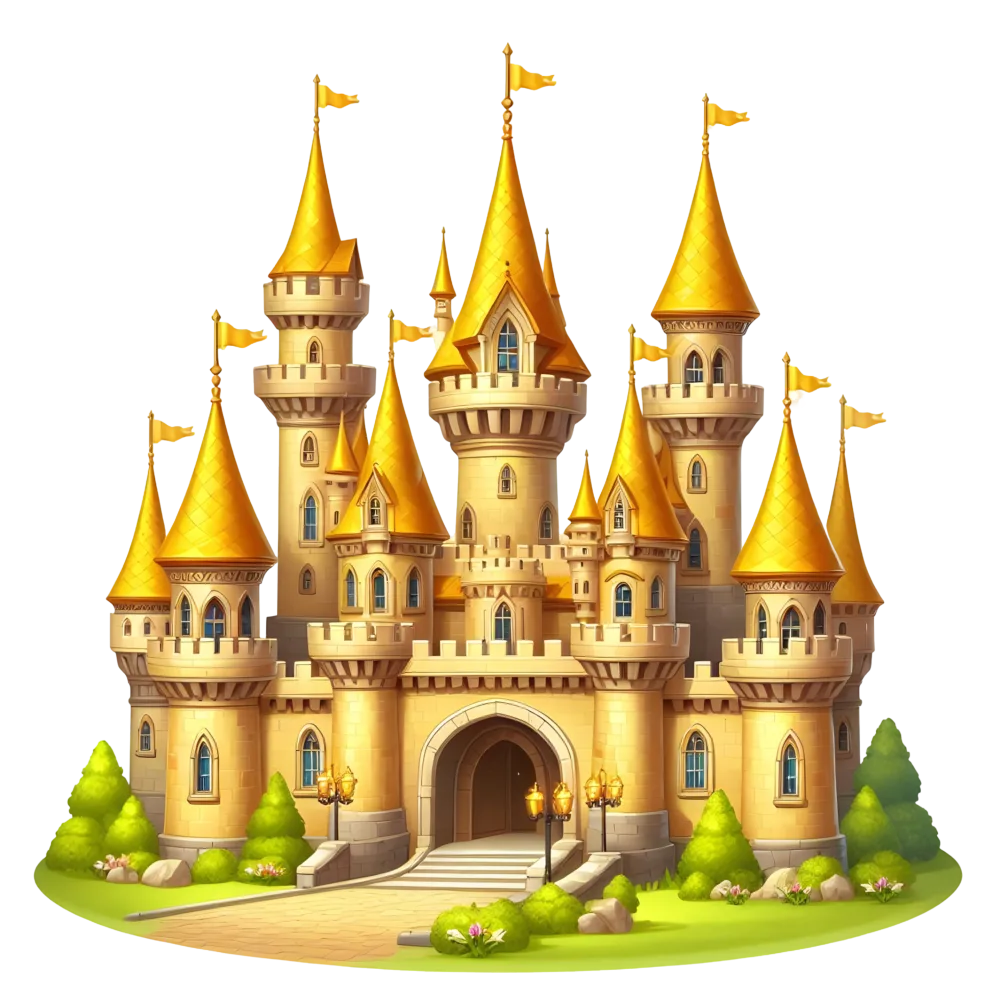 Fantasy Golden Castle with Towers and Flags