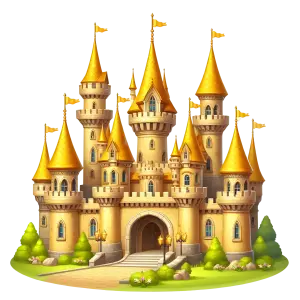 Fantasy Golden Castle with Towers and Flags