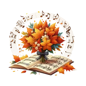 Autumn Leaves Bouquet on Open Music Sheet with Musical Notes