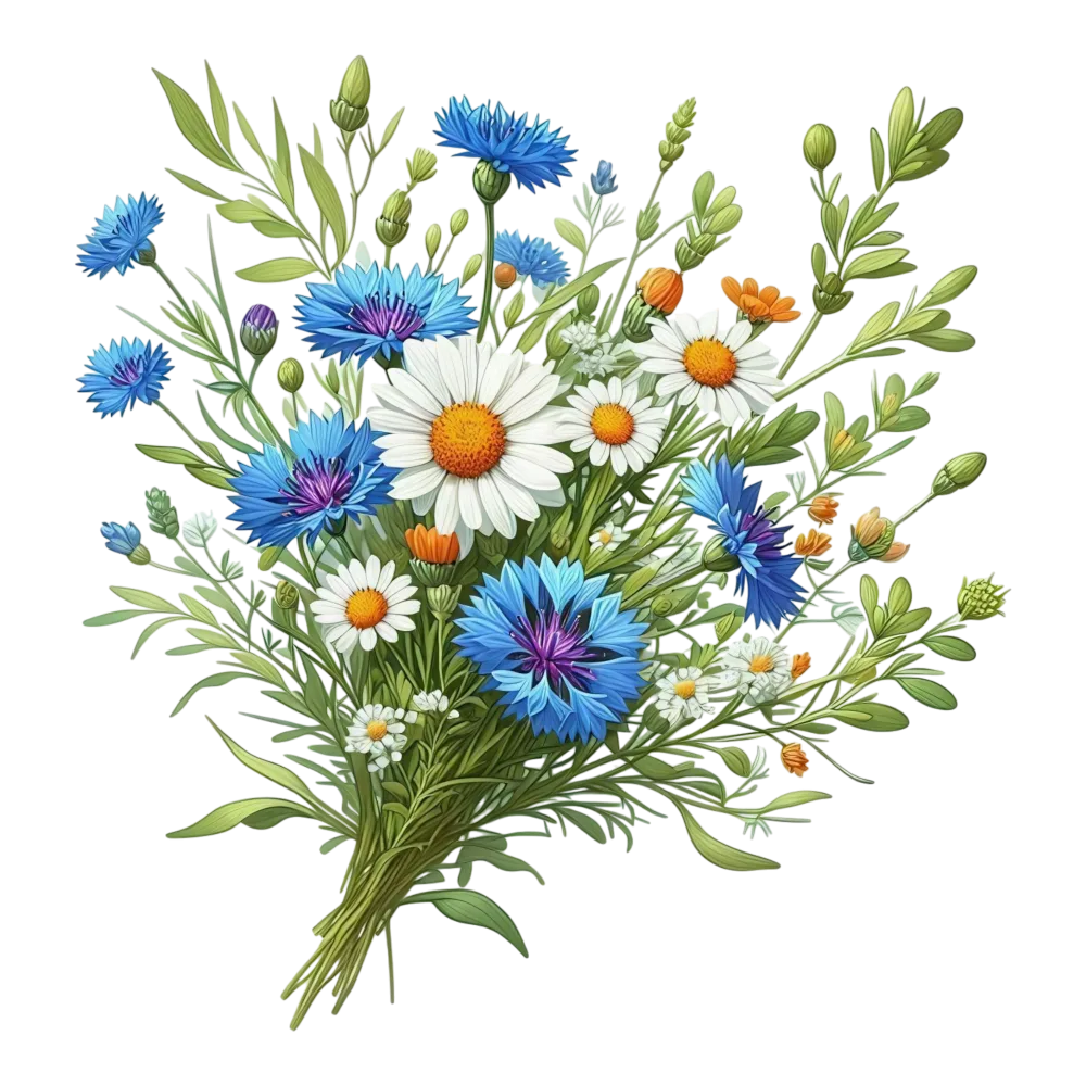 Wildflower Bouquet with Blue Cornflowers and White Daisies