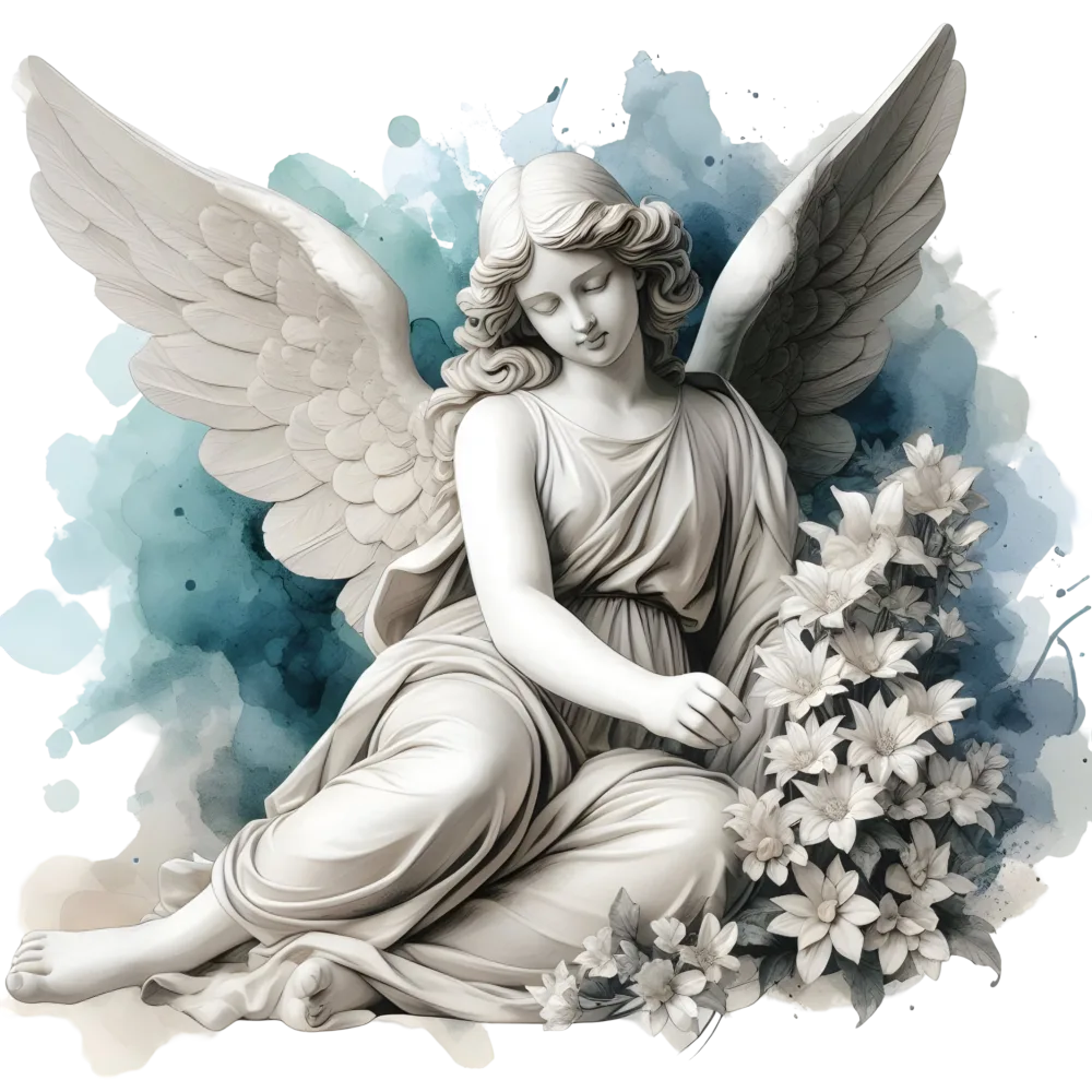 Serene Angel Statue with Flowers and Watercolor Background