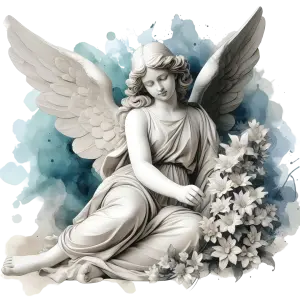 Serene Angel Statue with Flowers and Watercolor Background