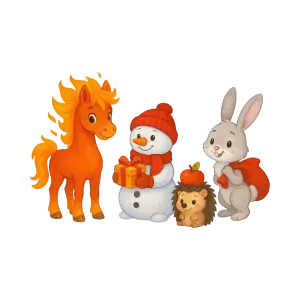 Cute Cartoon Winter Animals with Snowman and Gifts