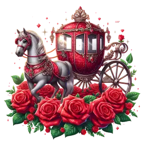 Red Royal Carriage with White Horse and Red Roses