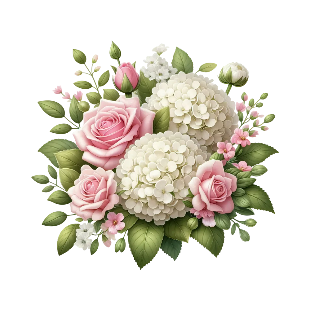 Bouquet of Pink Roses and White Hydrangeas with Green Leaves