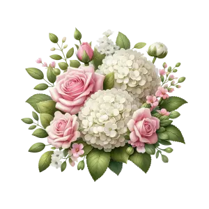 Bouquet of Pink Roses and White Hydrangeas with Green Leaves