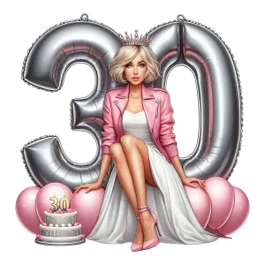 30th Birthday Celebration with Woman in Pink and Silver Balloons