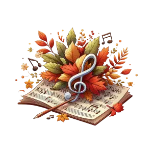 Autumn Leaves with Music Notes and Open Sheet Music