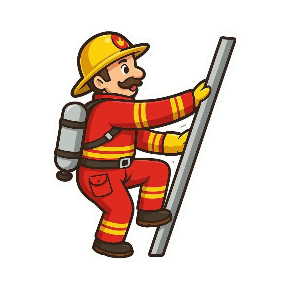 Cartoon Firefighter Climbing Ladder in Protective Gear
