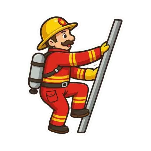 Cartoon Firefighter Climbing Ladder in Protective Gear