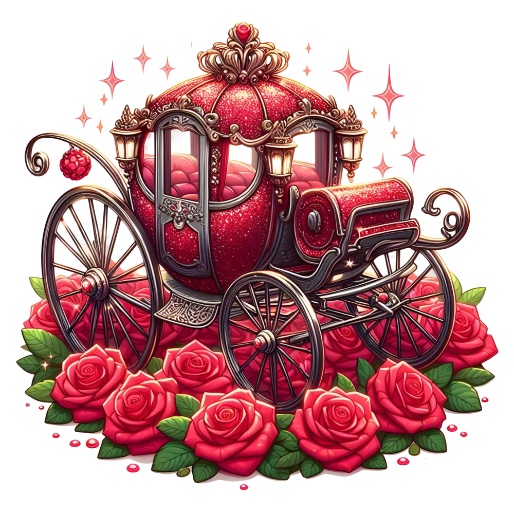 Ornate Red Royal Carriage Surrounded by Red Roses