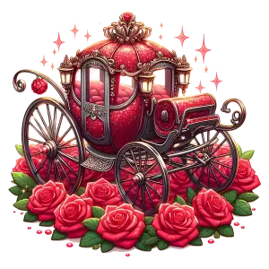 Ornate Red Royal Carriage Surrounded by Red Roses