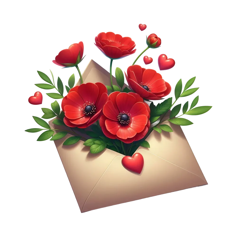 Envelope with Red Poppies and Decorative Hearts