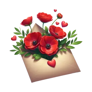 Envelope with Red Poppies and Decorative Hearts