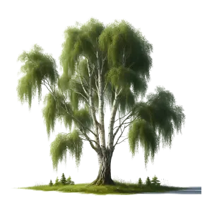 Green Weeping Willow Tree with Small Pines on Grass Patch