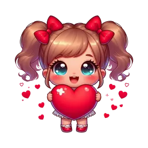 Cute Cartoon Girl Holding Large Red Heart