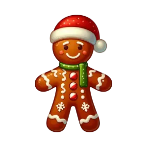 Holiday Gingerbread Man with Santa Hat and Green Scarf