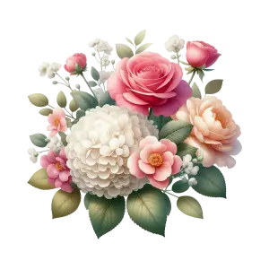 Detailed Pink and White Floral Bouquet with Green Leaves