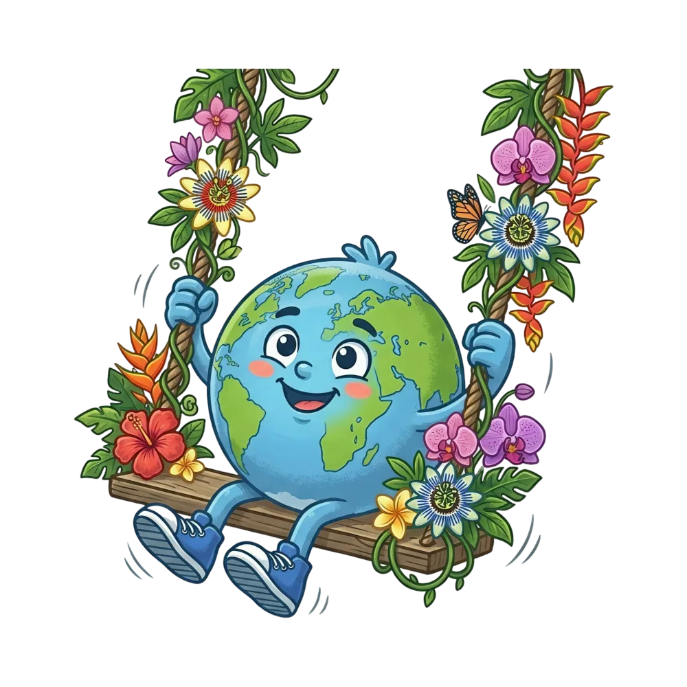 Cartoon Earth Character on Flowered Swing