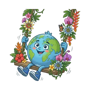 Cartoon Earth Character on Flowered Swing