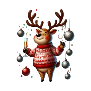 Cheerful Reindeer in Christmas Sweater Holding Champagne