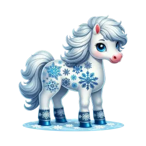 Cute Cartoon White Pony with Snowflake Patterns
