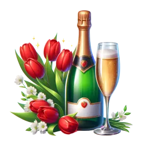 Champagne Bottle with Glass and Red Tulip Bouquet
