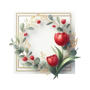 Elegant Floral Frame with Red Tulips and Green Leaves