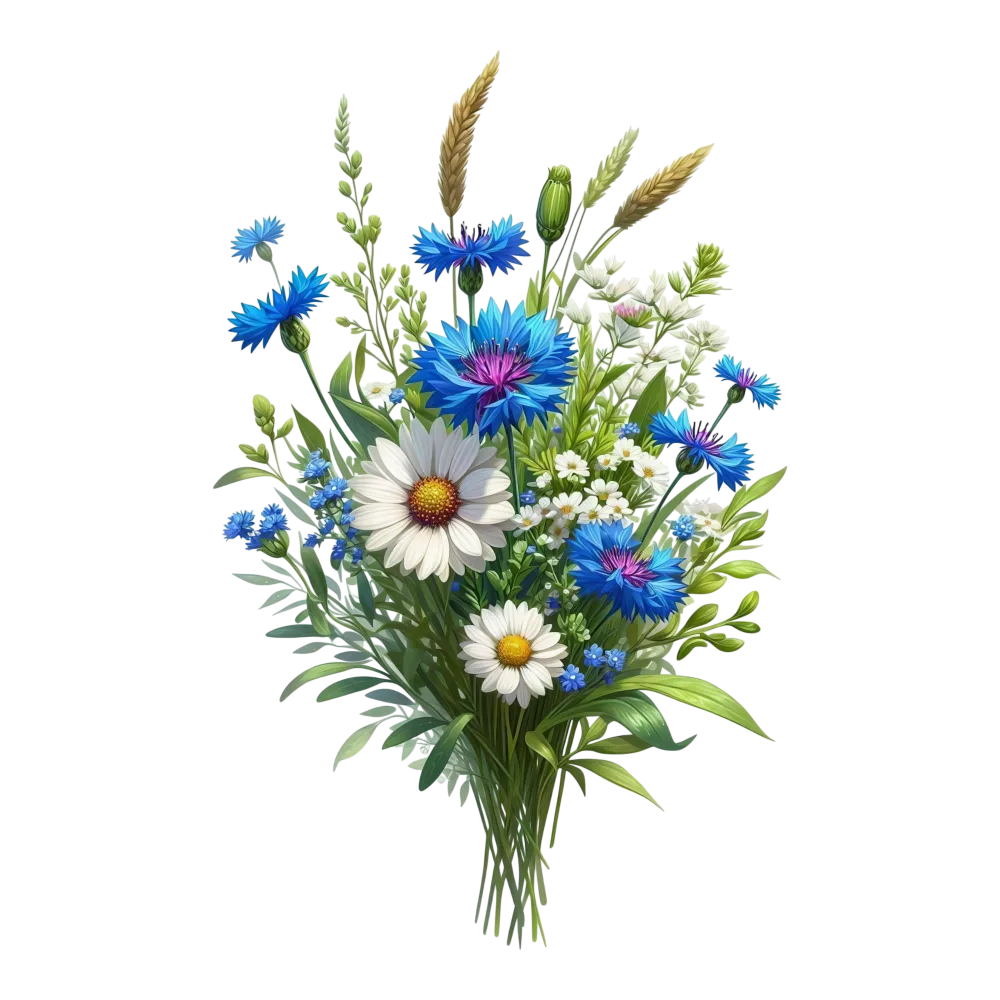 Wildflower Bouquet with Blue Cornflowers and White Daisies