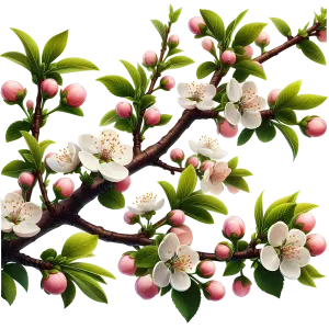 Cherry Blossom Branch with Pink Buds and White Flowers