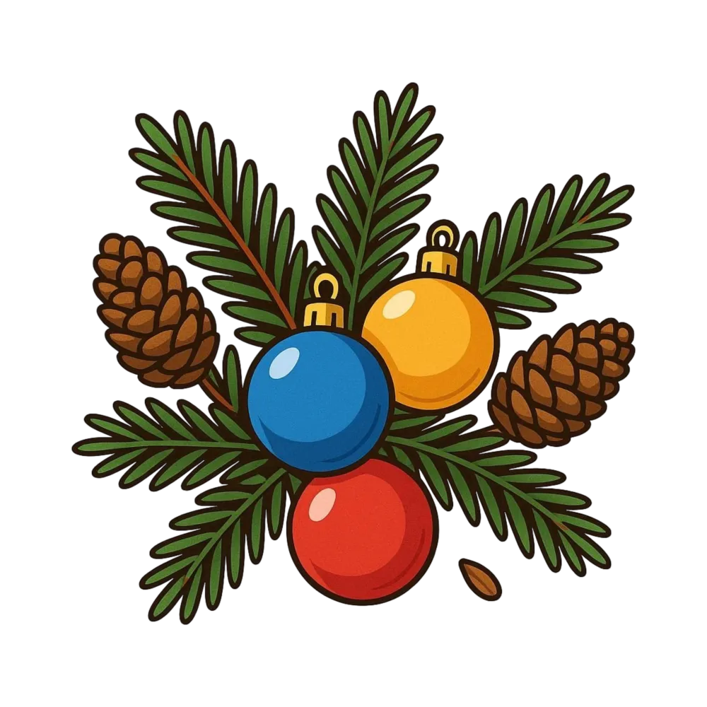 Christmas Pine Branch with Ornaments and Pinecones