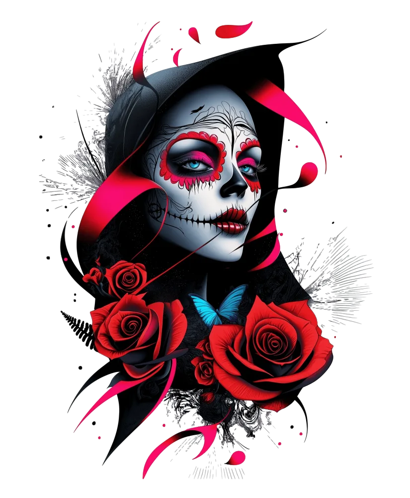 Sugar Skull Woman with Red Roses and Butterfly