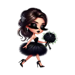 Chibi Style Woman in Elegant Black Dress Holding Black Rose Bouquet