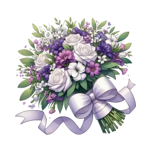 Elegant Bouquet of White Roses and Purple Flowers with Ribbon