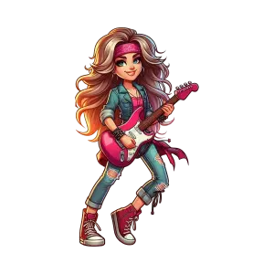 Cartoon Girl Rocker Playing Pink Electric Guitar
