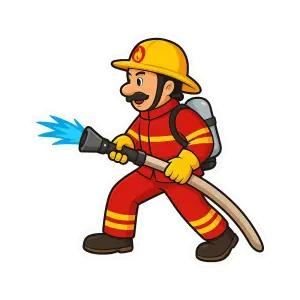 Cartoon Firefighter Spraying Water Hose