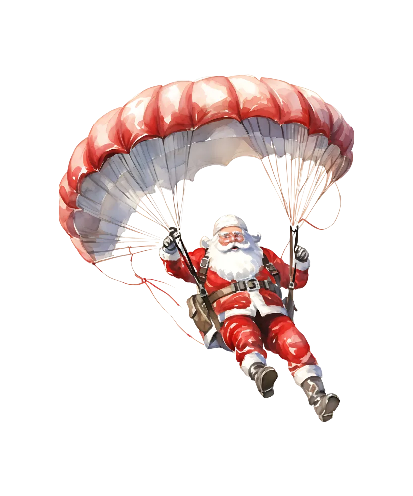 Santa Claus Parachuting with Red and White Parachute
