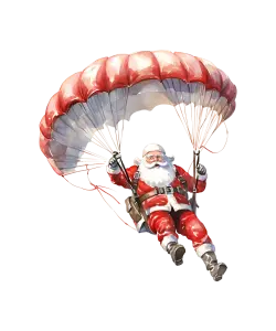 Santa Claus Parachuting with Red and White Parachute