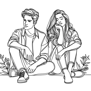 Line Art of Young Man and Woman Sitting with Flowers