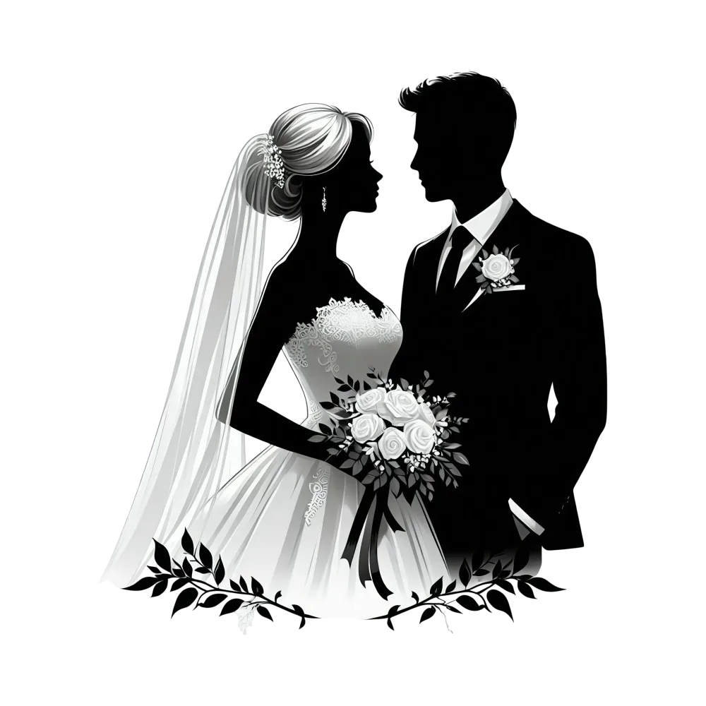 Elegant Black and White Silhouette of Bride and Groom Wedding Couple