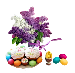 Easter Cake Plate with Colored Eggs and Lilac Flower Bouquet