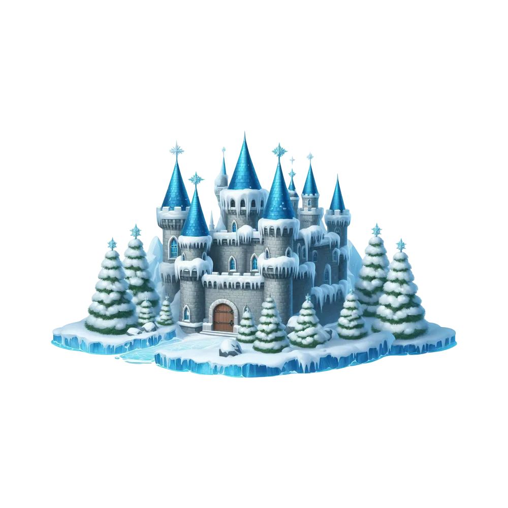 Snowy Ice Castle with Blue Turrets and Icy Pine Trees