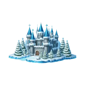 Snowy Ice Castle with Blue Turrets and Icy Pine Trees